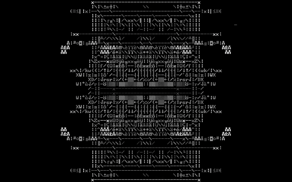 A black screen with a sculptural combination of letters and symbols.