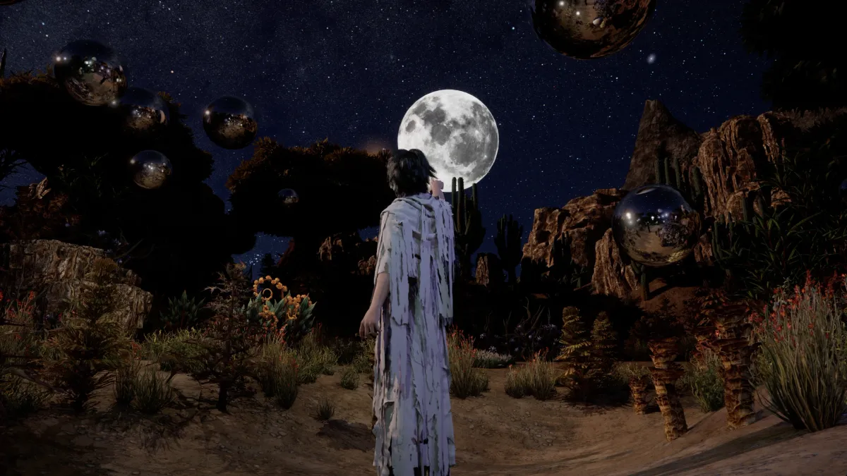 A computer graphic rendered image of a figure in ripped white clothes reaching towards a huge moon in a night sky with a desert-like environment around him.