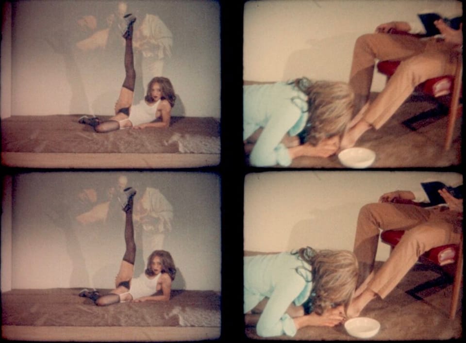 A quadrant of film frames, the two on the left show a young woman lying on the ground with no pants, her legs spread with one raised up in the air, the two on the right feature a woman on h